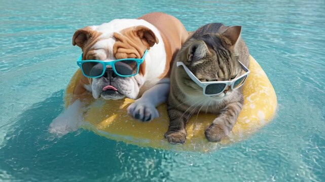 A dog and a cat relaxing together on a pool float, both wearing sunglasses and enjoying the water.