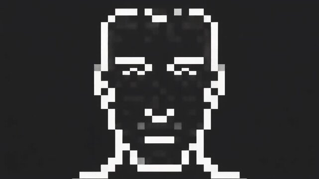 Abstract pixelated illustration of a human face, embodying minimalist digital art and retro computer graphics for user interfaces and digital profiles