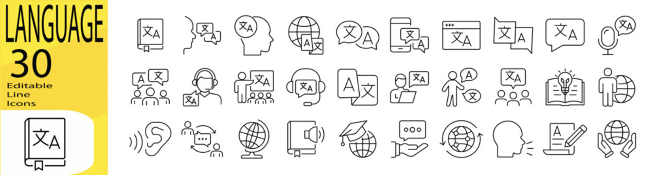 Language icon set. Editable stroke.	