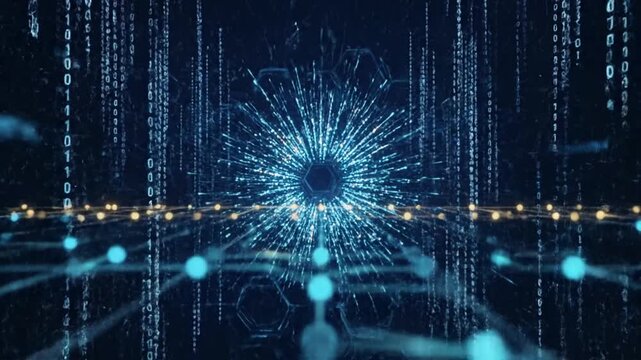 A futuristic digital landscape with a central data node, surrounded by binary code and network connections, viewed from a futuristic perspective.