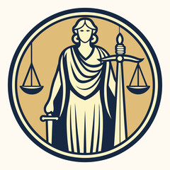 Minimal Lady Justice Scale Icon in Gold and Navy Flat Vector Logo