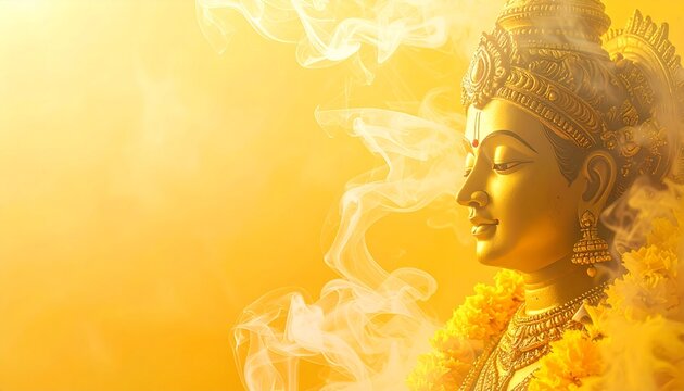 Golden statue of Hindu deity. Thaipusam celebration. Lord Murugan. Golden color. Smoke background. Religious icon. Vector illustration. Hinduism. Festival. Cultural symbol. Traditional