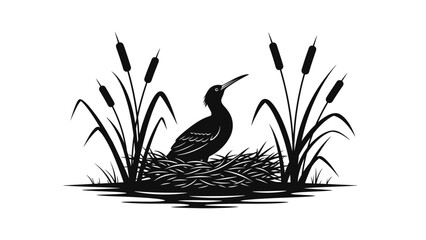 Naklejka premium Black Silhouette of Heron in Nest.