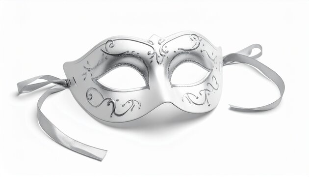 Silver masquerade mask. Carnival mask. Venetian style. Ornate design. White background. Mask for costume party. Fancy dress accessory. Elegant silver mask.