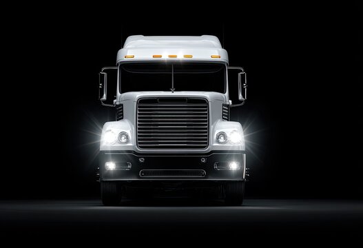 White semi-truck facing front, headlights shining in dark, studio background