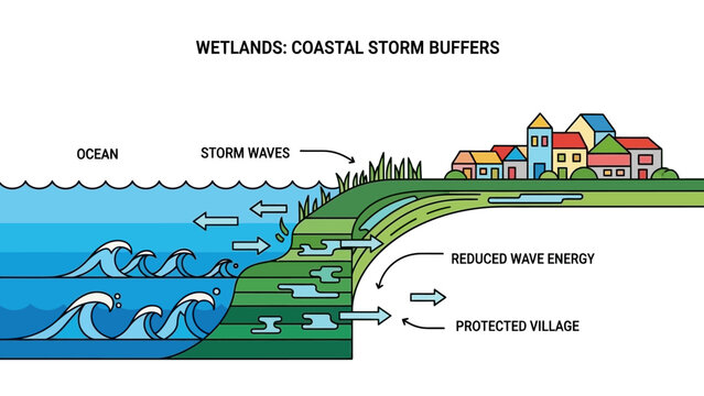 Wetlands Coastal Storm Buffers Diagram Illustration.