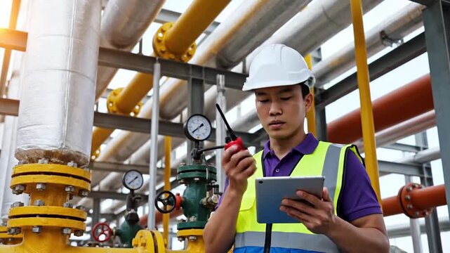 Asian engineer inspecting industrial plant using digital tablet and walkie-talkie for safety checks, maintenance management, and efficient energy operations, ensuring real-time communication and data.