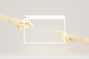 Minimal abstract scene with wooden hands pointing at a floating digital frame, symbolizing creative thinking, presentation layout, and out of the box ideas with copy space, 3d rendering.