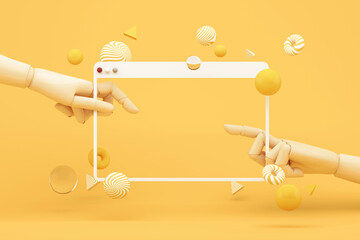 Bright yellow abstract background with 3D frame and wooden hands, representing innovation, creative presentation, modern media design, and idea showcase with copy space, 3d rendering.