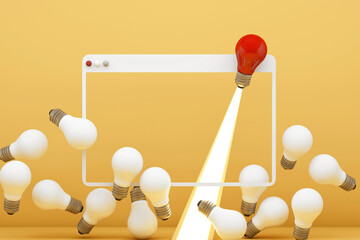 Abstract 3D scene of light bulbs with one red bulb shining through a frame, symbolizing out of the box thinking, creative ideas, innovation, and standout concepts with copy space, 3d rendering.