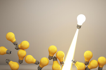 Minimal abstract composition of glowing light bulbs with one bright idea rising, representing creativity, imagination, problem solving, and innovative thinking with copy space, 3d rendering.