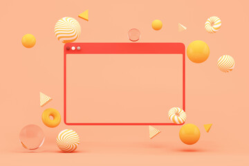 Soft orange abstract composition featuring a bold 3D frame and floating geometric elements, expressing creativity, conceptual presentation, and modern visual communication, 3d rendering.