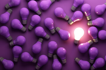 Abstract 3D illustration of purple light bulbs with one illuminated bulb standing out, expressing unique ideas, creativity, originality, and inspiration in modern visual design, 3d rendering.