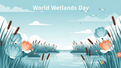 Illustration of Water Lilies and Cattails. © Nasoha