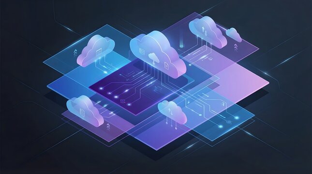 Cloud Computing Architecture with Data Processing Layers and Connected Servers Illustration
