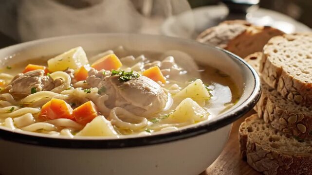 A steaming bowl of hearty vegetable beef soup with potatoes and carrots, beside crusty bread to eat