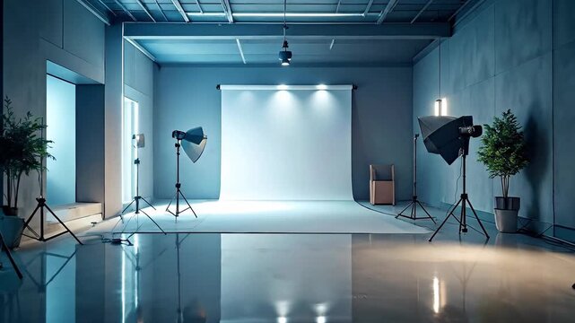 Spacious photography studio with professional lighting equipment and a clean, minimalist aesthetic.