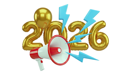 2026 New Year Announcement with Megaphone and Lightning Bolts