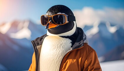 A close-up shot of a penguin in an orange ski jacket and goggles, with snow-capped mountains in the background