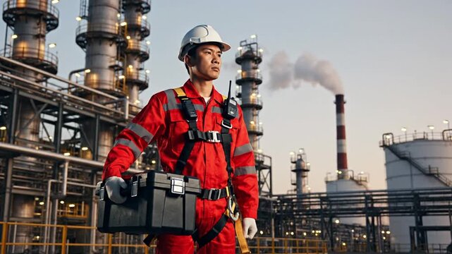 Asian engineer in safety uniform carrying a toolbox at an industrial oil and gas refinery plant. Emphasizing operational efficiency, safety, and energy production for petrochemical and manufacturing..