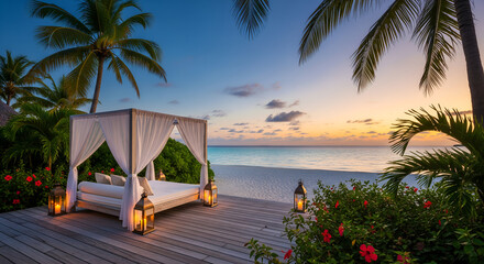 Romantic Luxury Beach Setup with Cabana, Palm Trees, and Lanterns at Sunset, Evoking Tropical Serenity and Elegance for Travel Promotion, Resort Advertising, and Lifestyle Background Designs