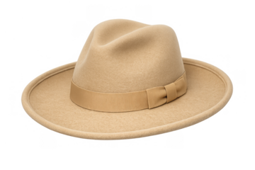 Beige wool felt fedora hat featuring a wide brim and satin ribbon band, classic style headwear accessory