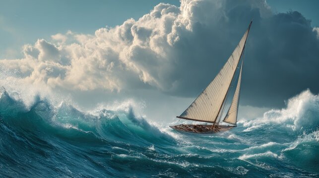 Sailing boat navigating stormy ocean waves