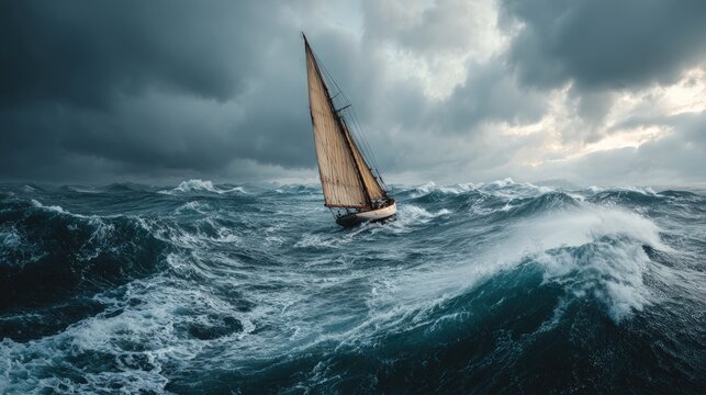 Sailing boat stormy sea rough waves