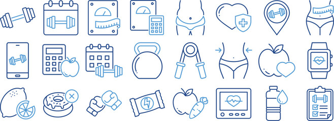 Health Kick icon collection. icon pack contain Weight, Plan, Scales, BMI, Fat, Health