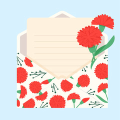 Red carnation envelope and card illustration for Mother's Day