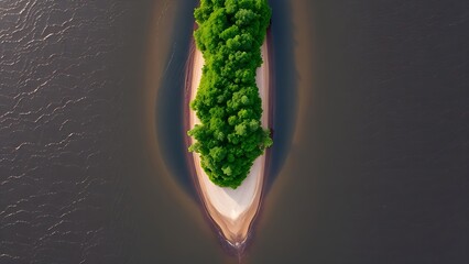 median. Aerial view of a river splitting around a narrow sandbar, with water flowing at different speeds. travel magazines, destination branding, designed for outdoor magazines and nature guides.