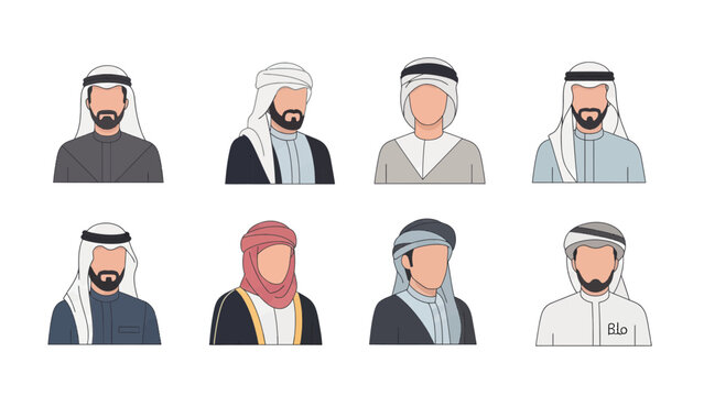 Vector icons Collection of Diverse Arab Men Portraits in Traditional Attire 2. EPS Editable