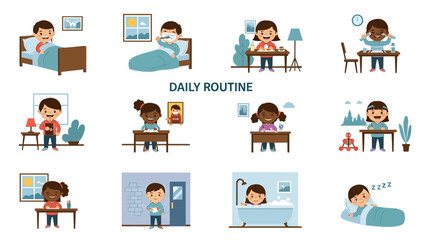 Fototapeta premium Vector icons Childrens Daily Routine Illustrated Collection Showing Various Activities. EPS Editable
