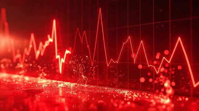 Dramatic red stock market crash graph with falling line and particles.