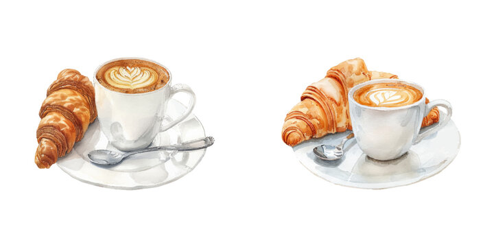 coffee and croissant watercolor vector illustration