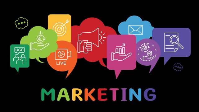 Colorful Marketing Icons Concept with Alpha Transparency Background and Pop up Animation. Speech Bubble with Marketing Icons