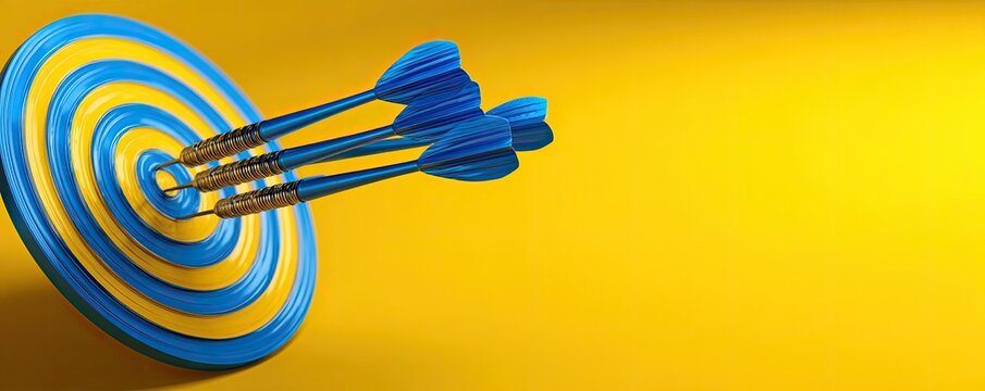 Three blue darts hit a yellow and blue concentric target on a yellow background