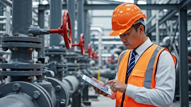 Professional industrial engineer operating a digital tablet to monitor pipelines and valves in a modern factory, emphasizing smart industry 4.0, predictive maintenance, and operational efficiency.