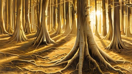 Forest sunset with golden rays filtering through the trees