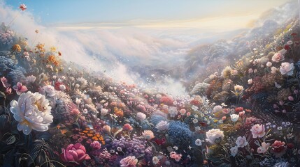 Lush meadow of colorful wildflowers at sunrise