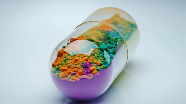 Colorful powder layers inside a transparent capsule, representing diverse ingredients or formulations.