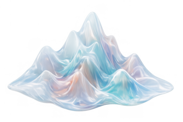 Iridescent wavy liquid mountain form creating an abstract pearlescent topography, flowing soft gradients on transparent background