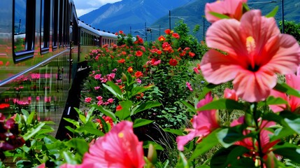 Scenic summer train journey winding through vibrant scenery