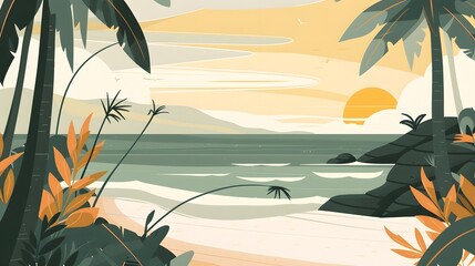 Tropical sunset on a pristine beach with palm trees