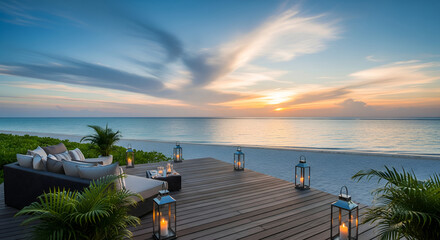 Romantic Tropical Ocean View Deck with Lanterns at Sunset, Calm Seaside Ambience Perfect for Luxury Vacation, Honeymoon and High-End Hospitality Marketing