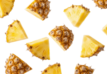 Glistening, freshly cut golden pineapple pieces dynamically floating on a white background, sharp macro focus, high-key lighting, vibrant tropical freshness concept.