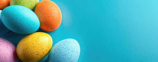 Colorful speckled eggs border vibrant blue background