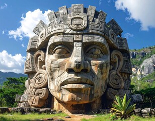Imposing stone head sculpture, aged by weather, stands against a bright, blue sky