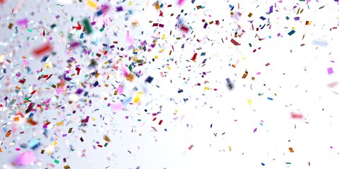 Colorful confetti falling against a white background, out of focus effect