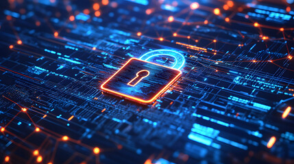 A glowing digital padlock secures a futuristic circuit board with neon lights and wires.